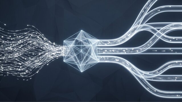 Central geometric nexus elegantly distributing luminous light particles