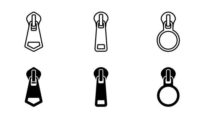 Clothing zipper sliders and pull tabs vector icon set containing linear outline and black solid silhouette styles for fashion design