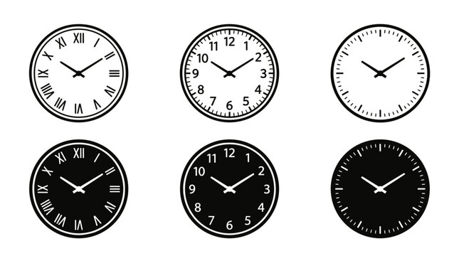 Minimalist wall clock icon set with Roman numerals and Arabic numbers in outline and silhouette solid black styles for time concepts.