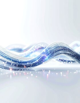 Abstract digital waves composed of binary code and sparkling lights.