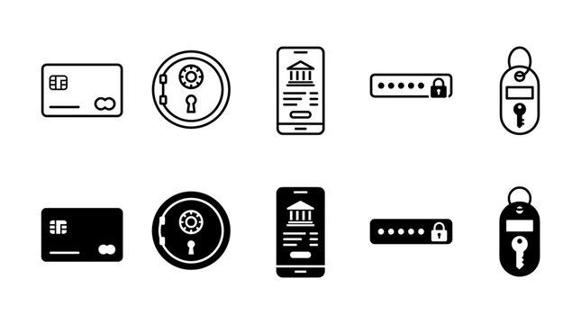 Secure banking and financial protection icon set featuring credit card vault lock mobile bank and password field symbols for fintech application