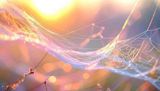 A delicate spiderweb glistens with dew in the warm glow of sunrise.