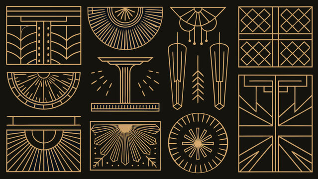 a grid of distinct geometric shapes in art deco style layout vector pattern design elements ornamental abstract symmetry modern retro graphic