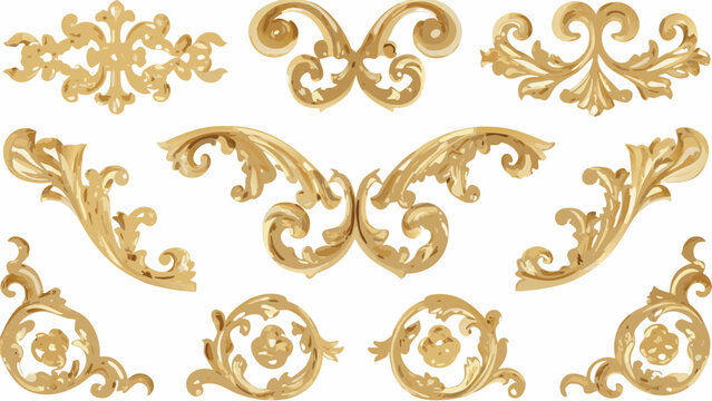 set of ten ornate gold decorative elements on white background design embellishment scrollwork flourish baroque rococo vector illustration pattern art graphic