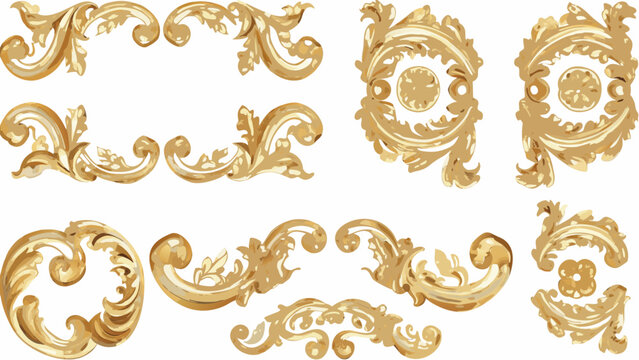 set of ten ornate gold decorative elements on white background design embellishment scrollwork foliage baroque rococo vector illustration pattern art graphic
