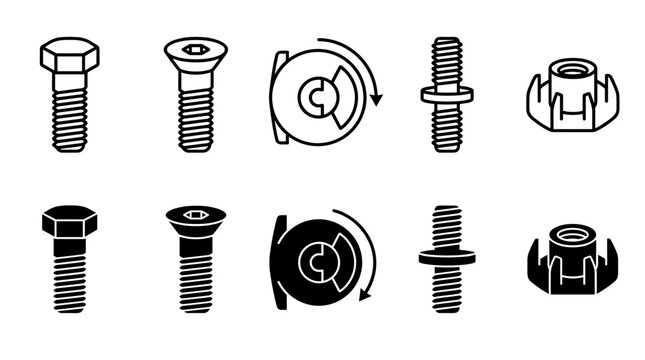 Industrial fastener and hardware vector icons collection featuring hex bolt countersunk screw threaded stud and t-nut in outline and solid.
