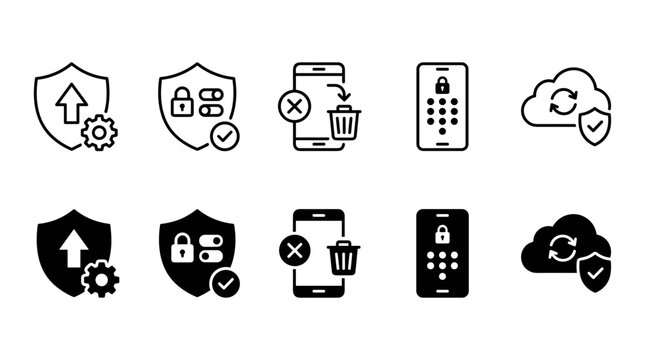 Mobile phone cyber security line icons set cloud data protection smartphone lock password configuration interface setting vector illustration