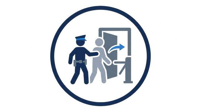 A security guard is escorting an individual through a door at a security checkpoint. This occurs during regular duty hours.