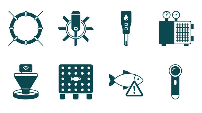 Smart aquaculture and modern fish farming technology icon set vector, automatic feeder water quality sensor and water pump equipment