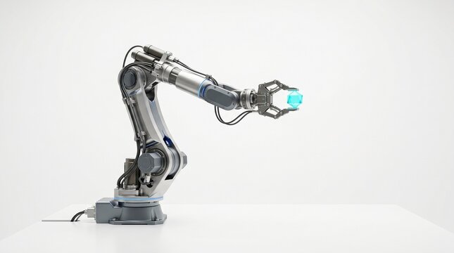 Industrial robotic arm holding a glowing geometric crystal on a clean white background futuristic automation technology concept studio shot with high quality mechanical design and soft light