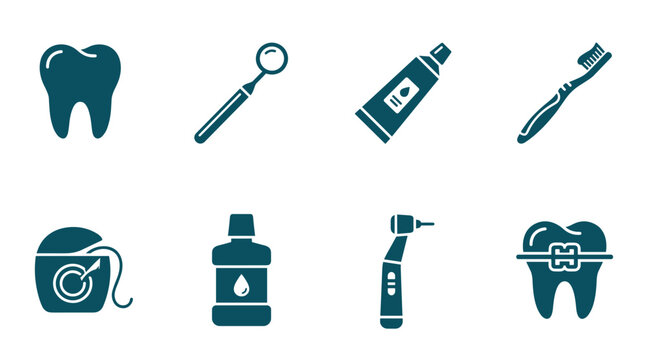 Dental care and oral hygiene line icon set with tooth mirror toothpaste toothbrush dental floss mouthwash drill and braces for clinic