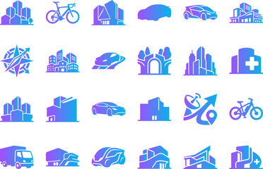Smart city and transportation icons with buildings cars bikes and satellite blue purple. © Icon Set