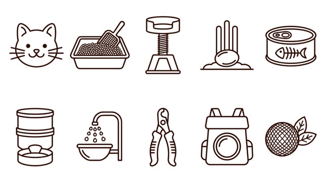 Cat care and pet supply line icons set including kitten face litter box scratching post food can water fountain carrier and ball