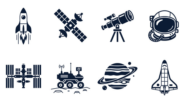 Space exploration solid silhouette icon set with rocket ship satellite telescope astronaut helmet space station rover planet and shuttle