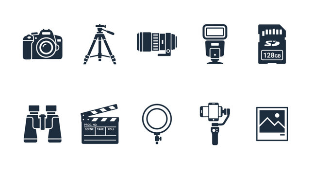 Professional photography and video production equipment glyph icon set with digital camera tripod telephoto lens flash card memory and gimbal