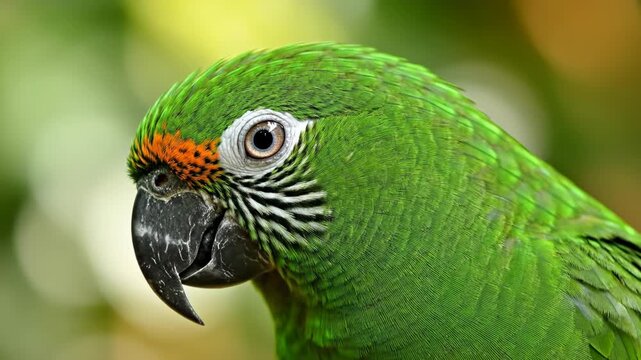 Close-up profile portrait of a vibrant green parrot head.
