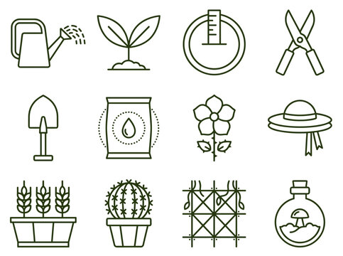 Gardening tools and backyard organic agriculture line icons collection featuring watering can shovel plant pot fertilizer and pruning shears