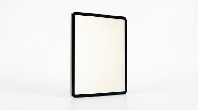 Modern tablet computer with blank white glowing screen isolated on white background for mockup design project professional studio lighting high quality digital device display technology temp
