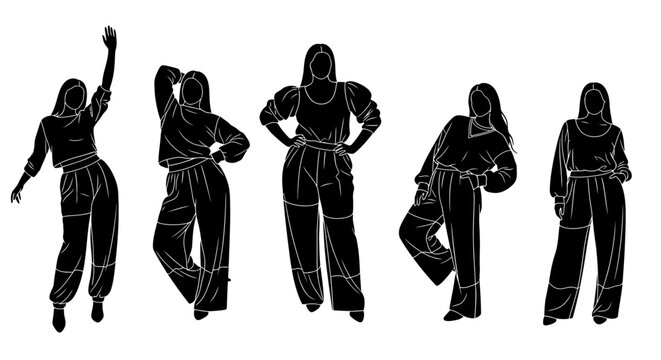 Set of silhouettes of plus size women posing in stylish outfits