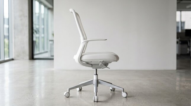 Minimalist white office chair on rolling wheels isolated in a spacious modern bright workspace with concrete flooring and blurred window backdrop clean interior design and furniture concept