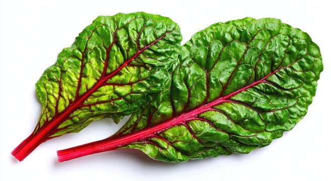 Vibrant Red Stem Swiss Chard Leaves Isolated on White Background.