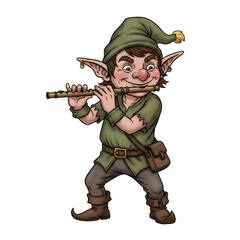 Cartoon elf playing flute, green outfit, fantasy character, illustration, mythical creature © SK IMRAN KABIR