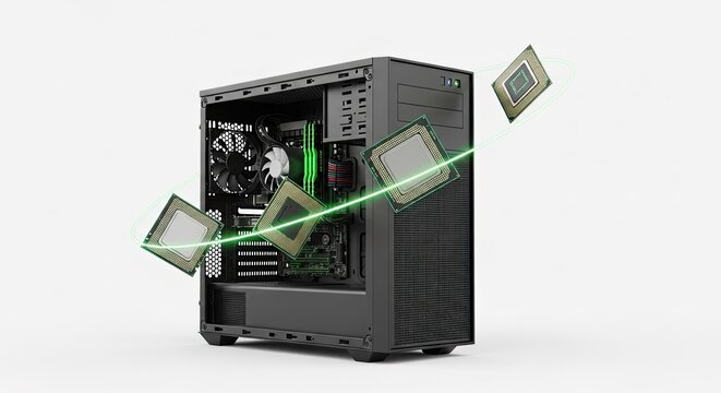 Computer Tower with CPU Chips and Green Data Stream
