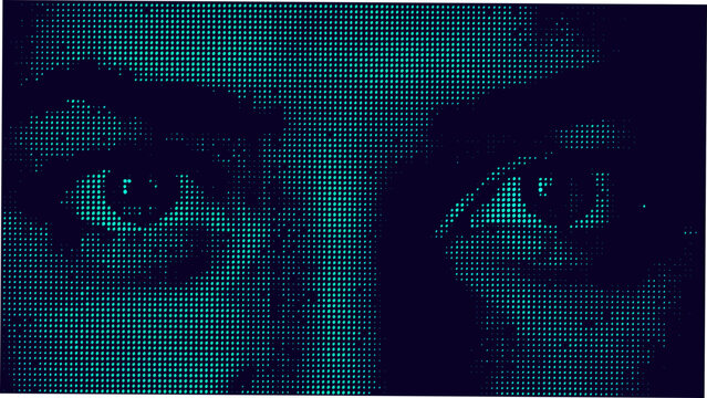 human eyes digital pixel art eye closeup teal color abstract facial feature technology theme cyberpunk aesthetic futuristic design dot matrix geometric