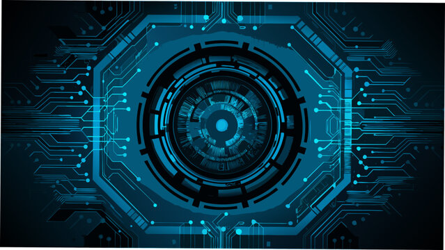 central mechanical eye on circuit board vector technology electronics digital futuristic blue abstract pattern circular geometric tech innovation science hardware microchip