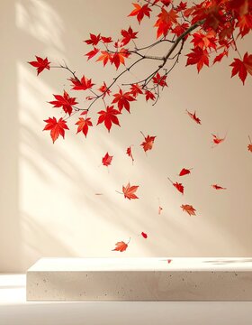 Red maple leaves falling gracefully against a neutral background with light casting shadows.