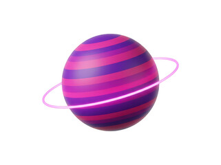 Obraz premium Purple and pink striped planet with rings 3D icon, three dimensional