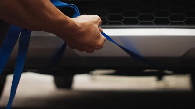 Close Up Hand Tying Rope on Front of Car for Securing Load