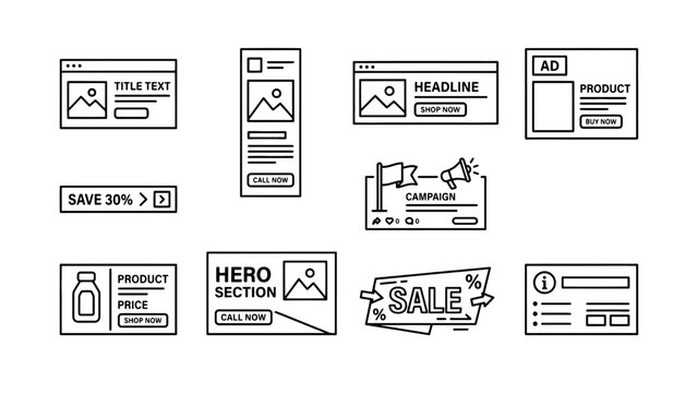 Modern Website Wireframe UI UX Outline Icon Set Vector Collection