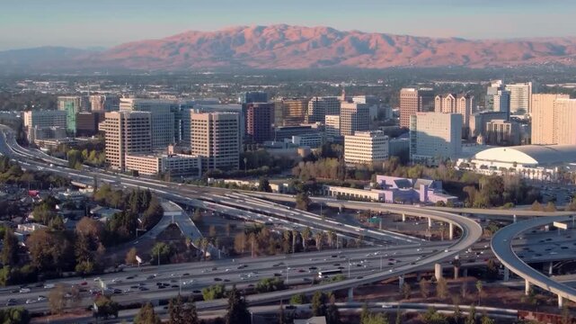 Aerial View of Downtown San Jose California with Highway Interchange and Silicon Valley Skyline at Sunset
