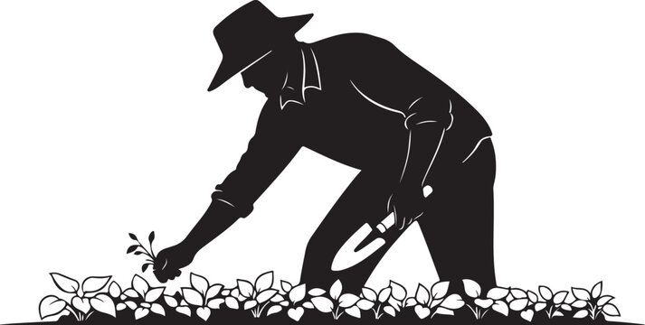 Black silhouette of man planting a small tree gardening