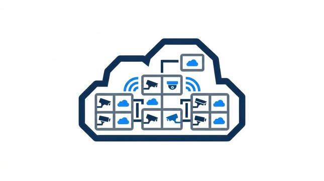 This design represents a cloud surveillance system that connects multiple sites with various security cameras and monitoring features.