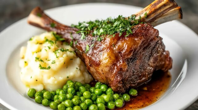 A delicious meal of roasted lamb shank served with mashed potatoes and peas.