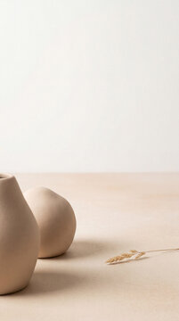 Minimalist Beige Ceramic Vases with Dried Wheat Stalk