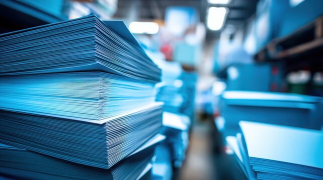 Neatly stacked polymer sheets in a modern industrial manufacturing facility, ready for processing and production.