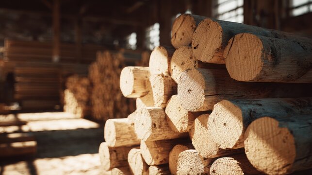 Precisely stacked wooden dowels of varying diameter in a rustic workshop setting