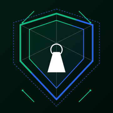Modern digital cyber security shield icon with neon geometric lines for advanced artificial intelligence safety