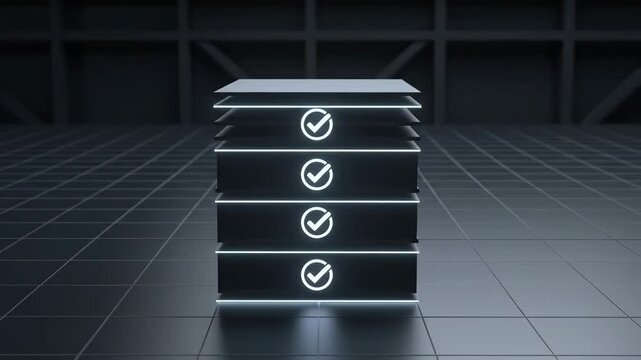 Futuristic data server racks with glowing checkmarks in a dark, modern environment