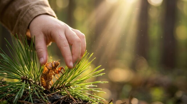 Child's hand exploring pine needles and cone in sunlit forest