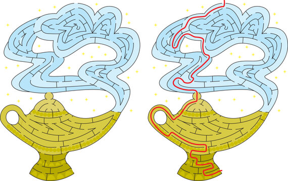 Vector illustration of a children's maze puzzle featuring a magic genie lamp with smoke and its solution path to help develop graphomotor skills.