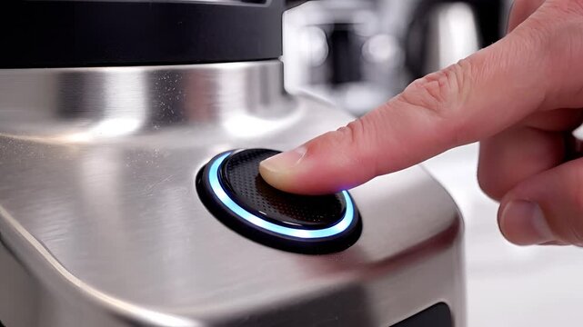 Closeup of a finger pressing a button on a stainless steel blender.