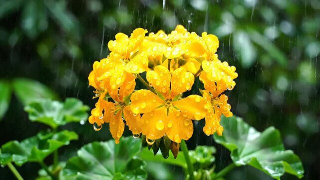 Closeup of a vibrant yellow geranium flower in the rain.