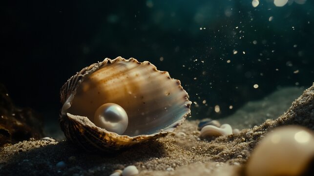 Elegant pearl in an iridescent shell gently rocking with the currents with nearby sand and tiny shells scattered on the seafloor Light from above creates a dreamy serene setting