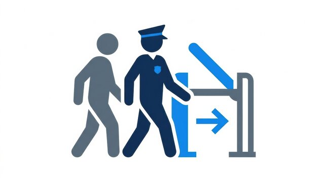 A security guard is escorting an individual through a gate in a security area. The scene takes place during the day.