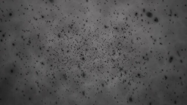 Falling black ash on gray background, scary background with ash