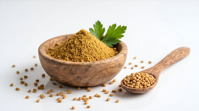 Aromatic Fenugreek Powder in Wooden Bowl with Seeds on Wooden Spoon Isolated on White Background